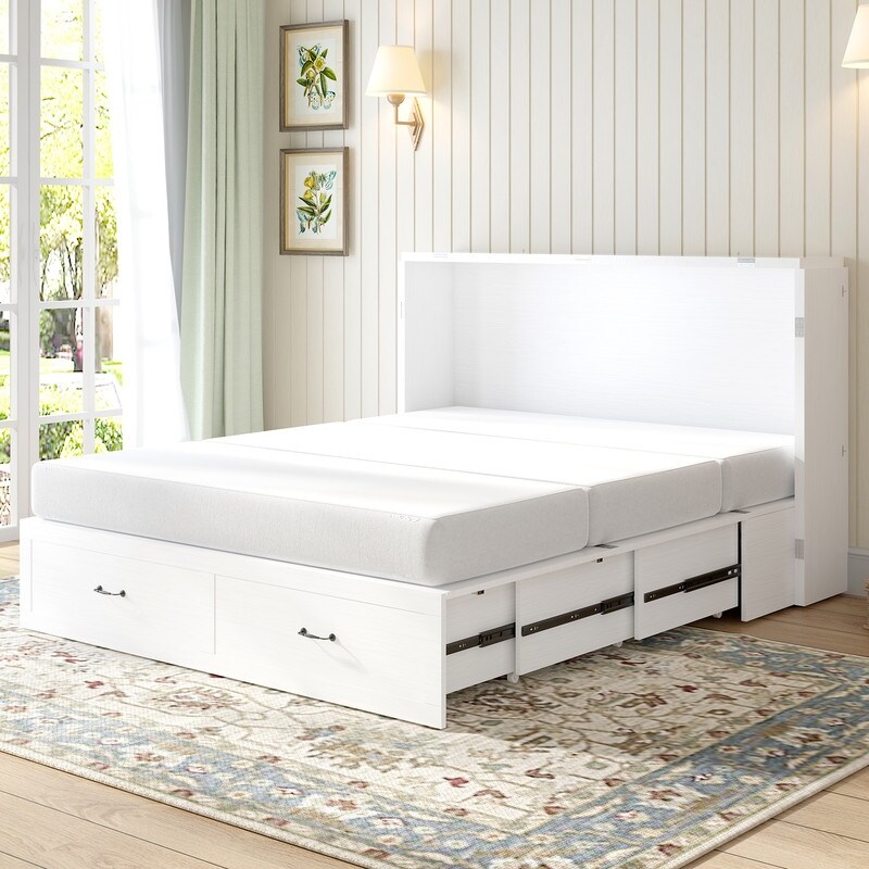 Mixoy Hidden Murphy Chest Bed with USB Ports Drawers Convertible Folding Horizontal Cabinet Bed with Mattress