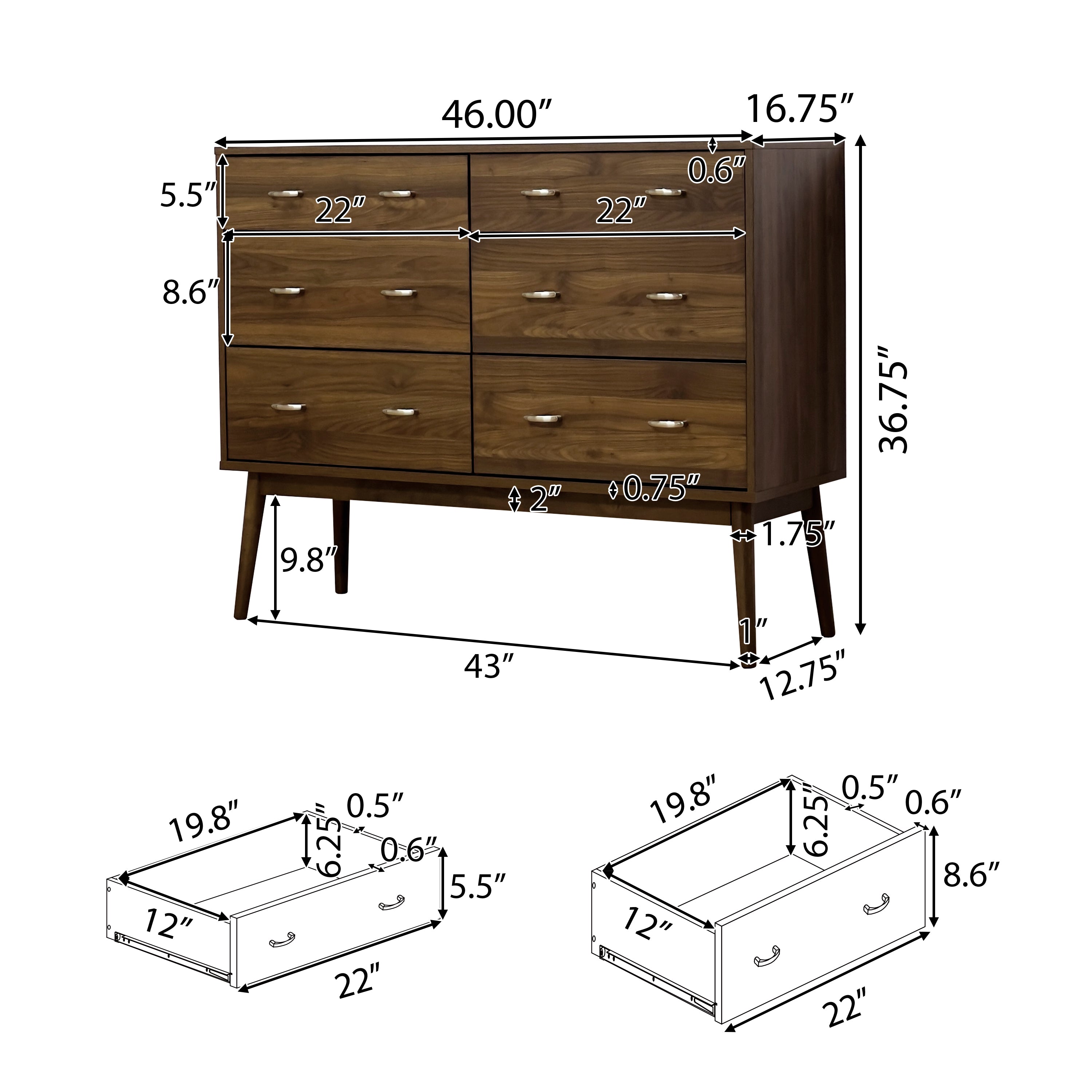 Wilbur Mid Century Modern Wooden 6 Drawer Double Dresser