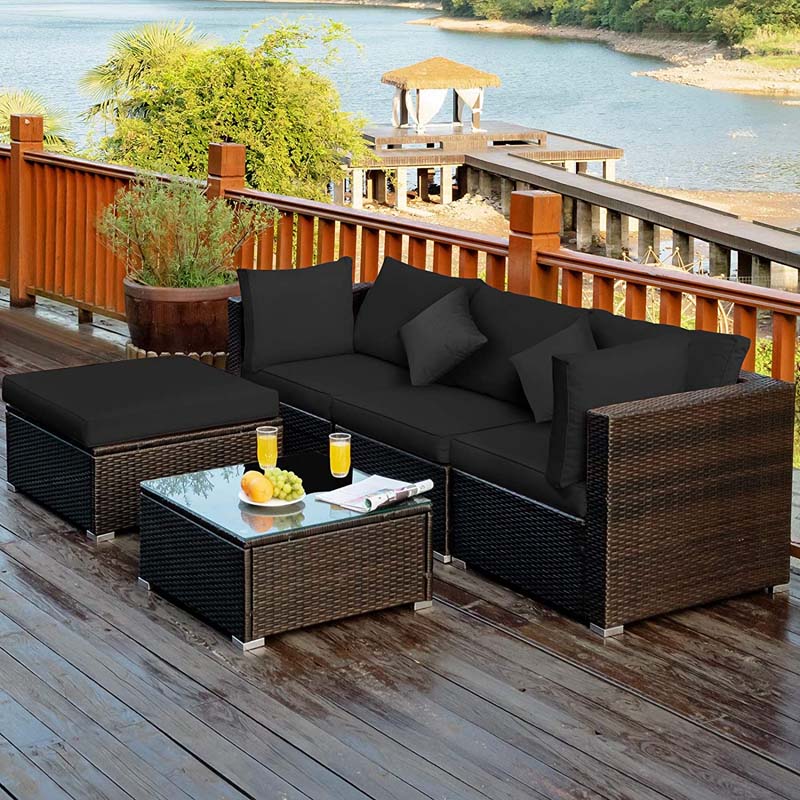 5 Pcs Outdoor Patio Rattan Furniture Sectional Sofa Set Wicker Conversation Set with Cushions