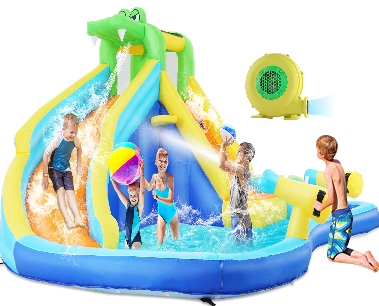 Inflatable Bounce House with Spray Pool, 2 Water Guns, Climbing Wall, Basketball Hoop, and Inflatable Water Slide with UL Air Blower, for Wet and Dry  Bouncy House(Gift for Kids)