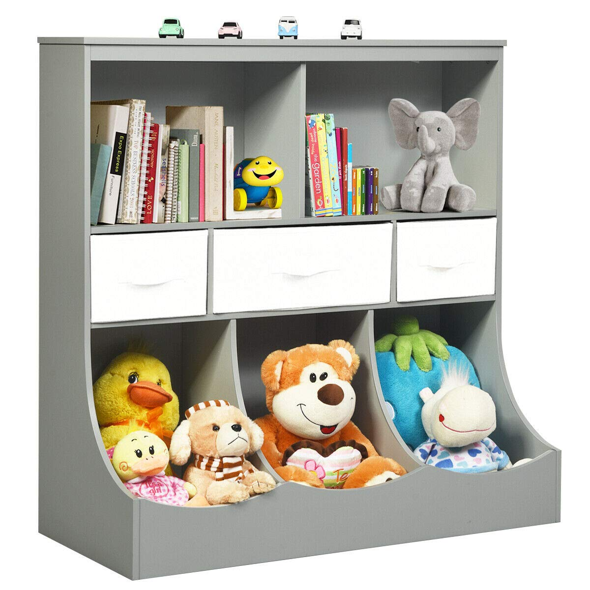 3-Tier Kids Bookcase Toddler Storage Organizer Cabinet Shelf w/ 8 Compartment Box and 3 Removable Drawers for Children