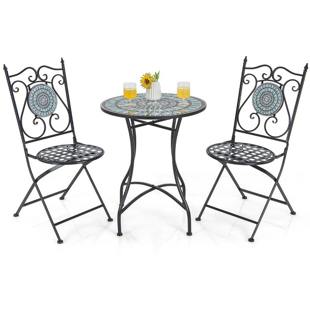 Costway 3pcs Patio Bistro Set Mosaic Pattern Heavy duty Metal Dining Folding Outdoor