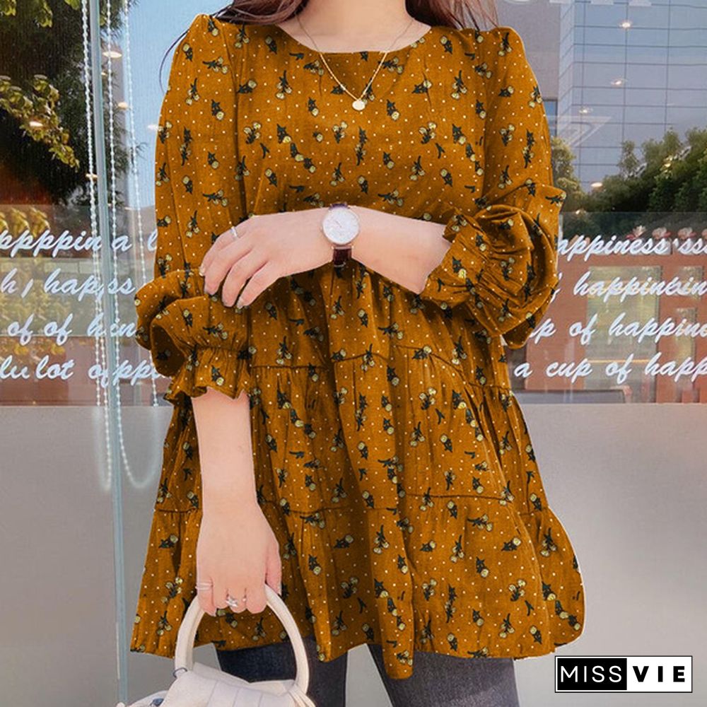 Plus Size Women Spring Casual Daily Long Puff Sleeve O-Neck Cotton Floral Printing Loose Shirt Blouse