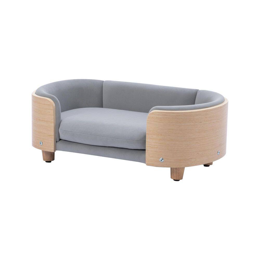 38.58 in. W Dog Bed Pet Sofa With Solid Wood Legs and Bent Wood Back Velvet Cushion Walnut in Light Gray DOGBED368KANS