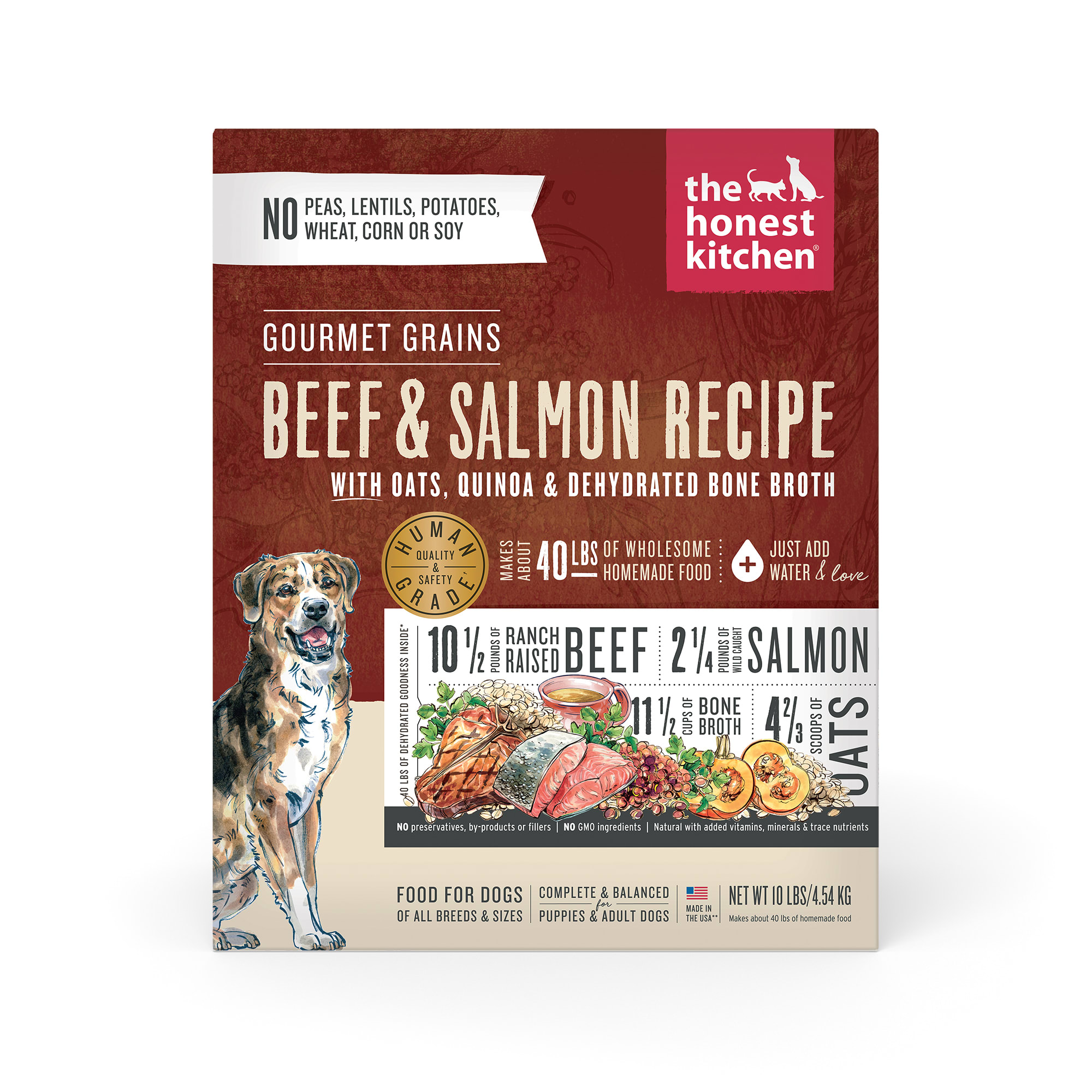 THE HONEST KITCHEN Dehydrated Gourmet Grains Beef amp; Salmon Dog Food， 10 lbs.