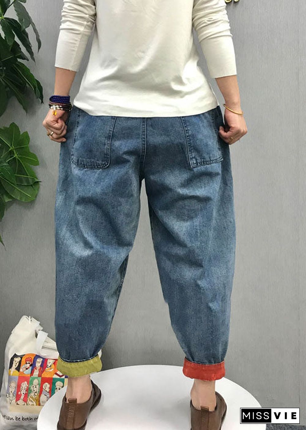 Casual Blue elastic waist Pockets denim Pants Spring