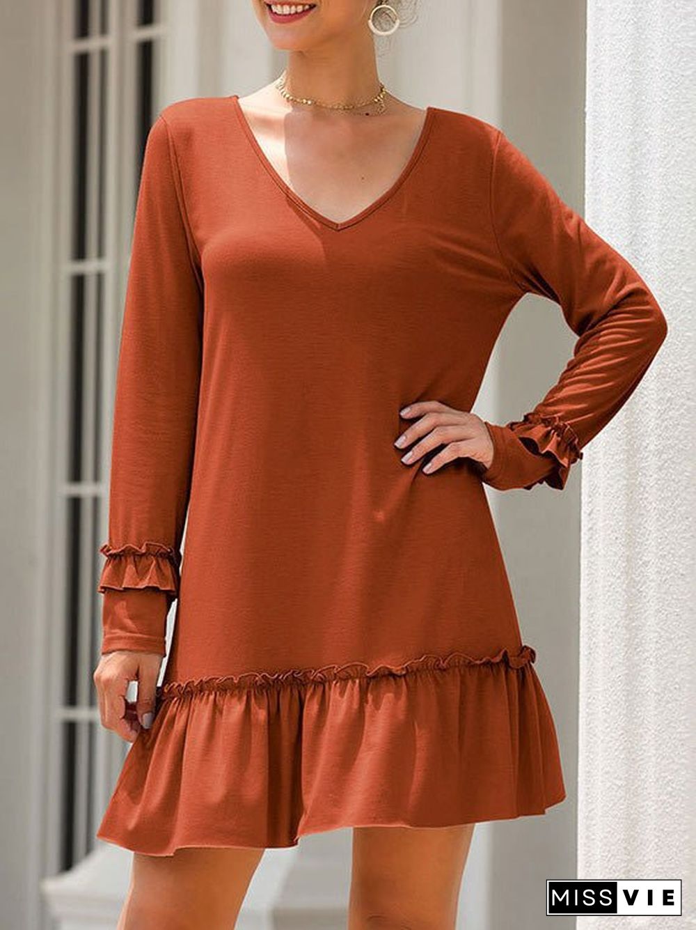 Women'S Dresses Solid V-Neck Ruffle Long Sleeve Dress