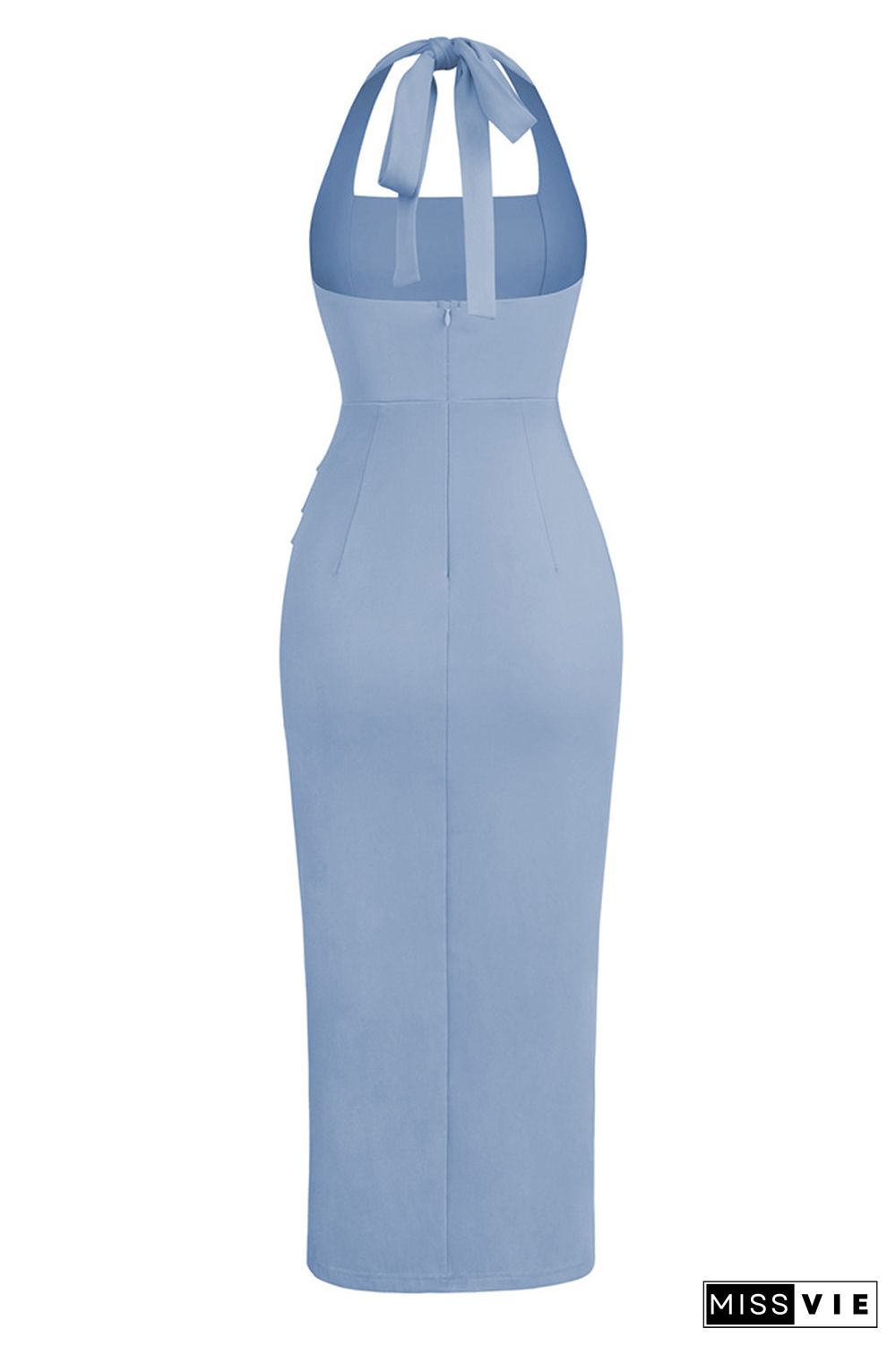 Halter Backless Ruched High Split Midi Dress