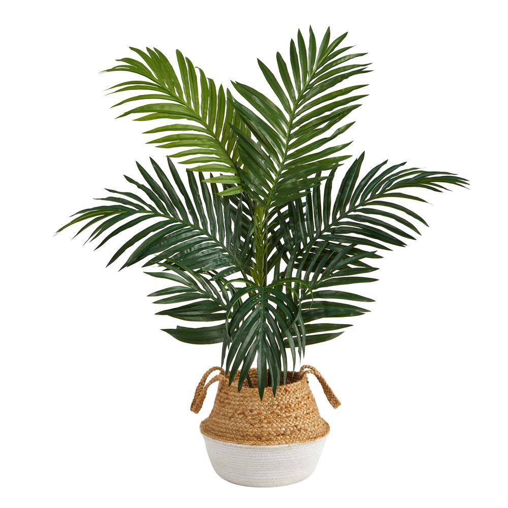 Nearly Natural 4 ft. Green Kentia Palm Artificial Tree in Boho Chic Handmade Cotton and Jute White Woven Planter T2938