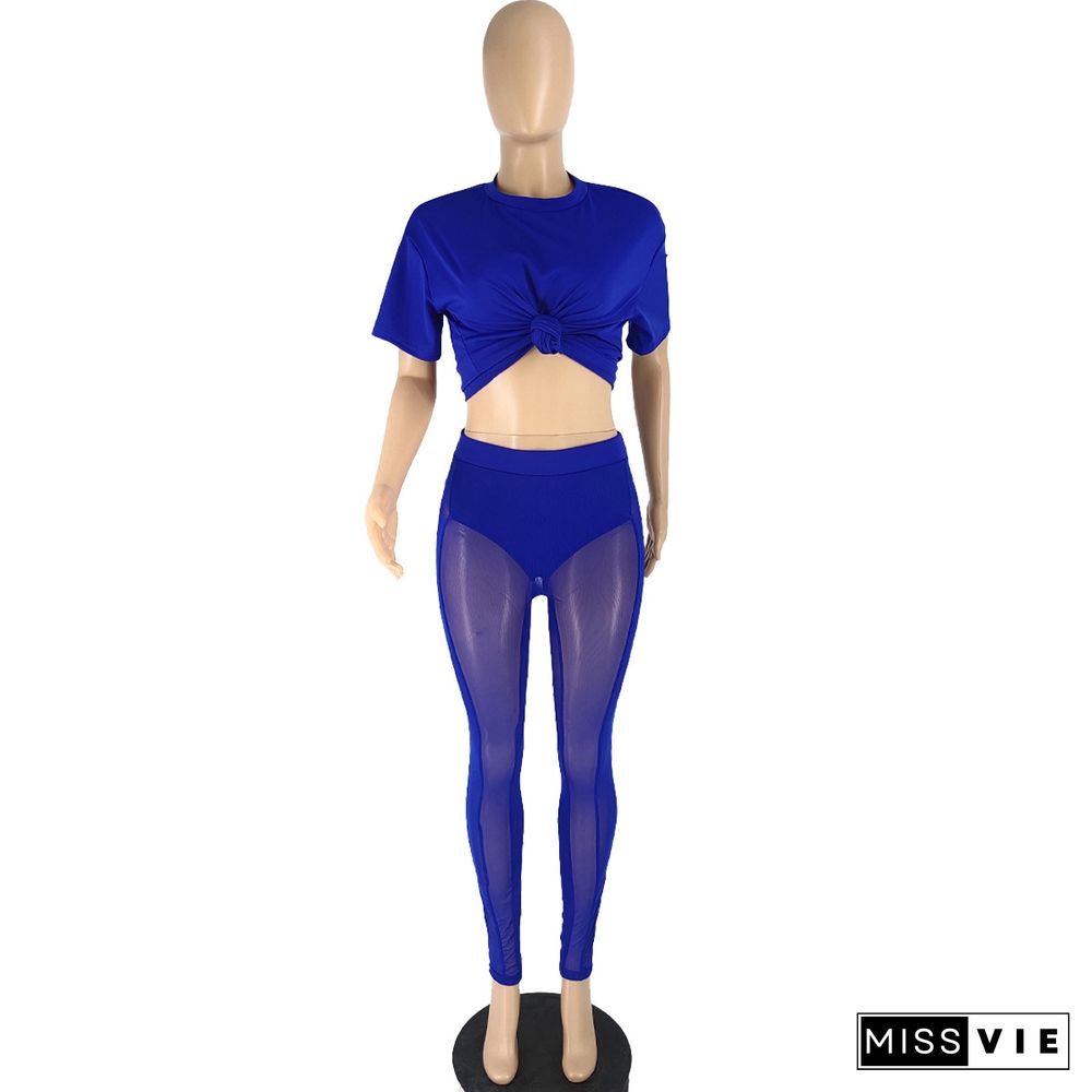 Short Sleeve Crop Top+Mesh Patchwork Pants Sets