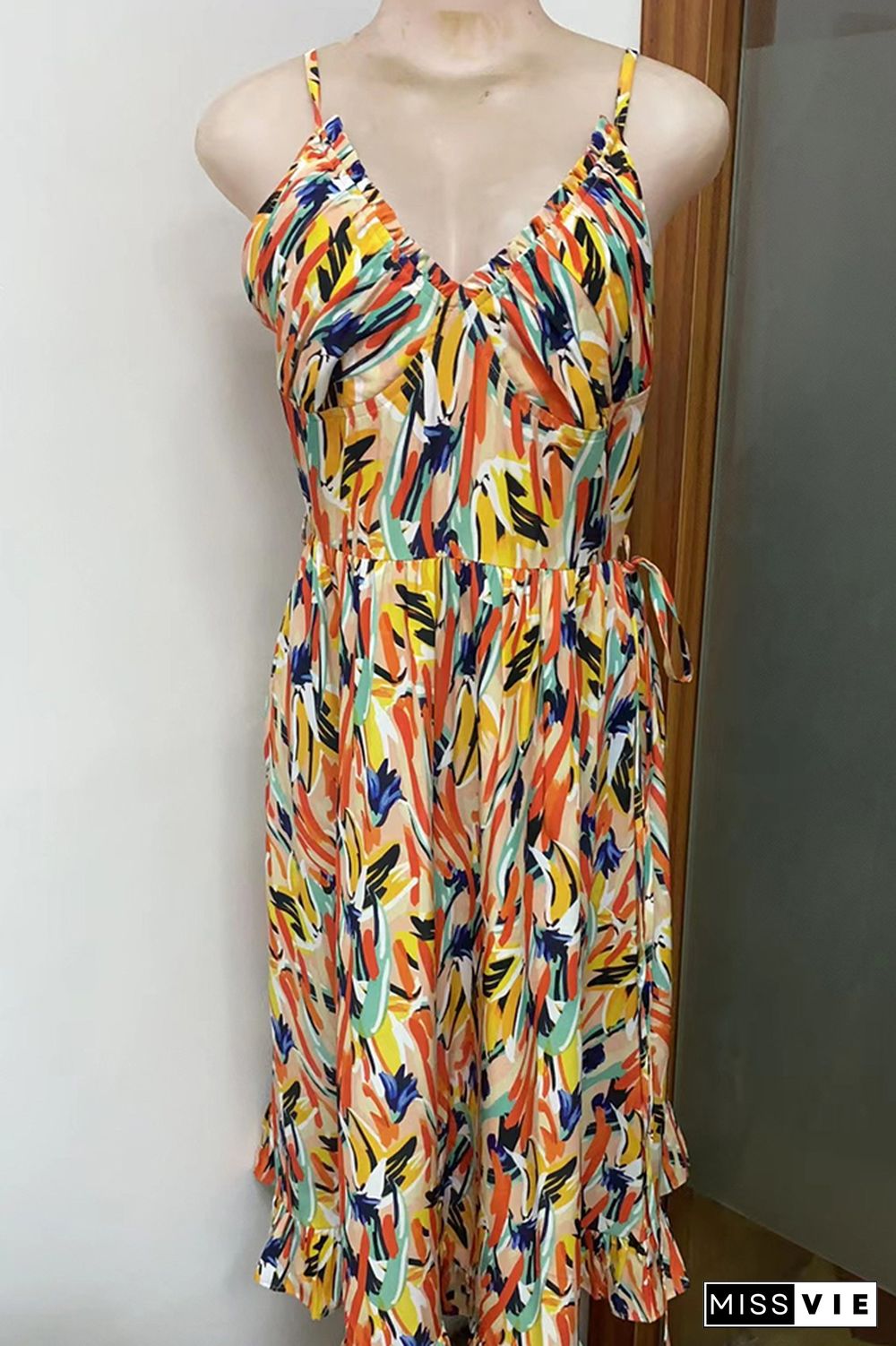 V Neck Halter Print Midi Dress Wholesale