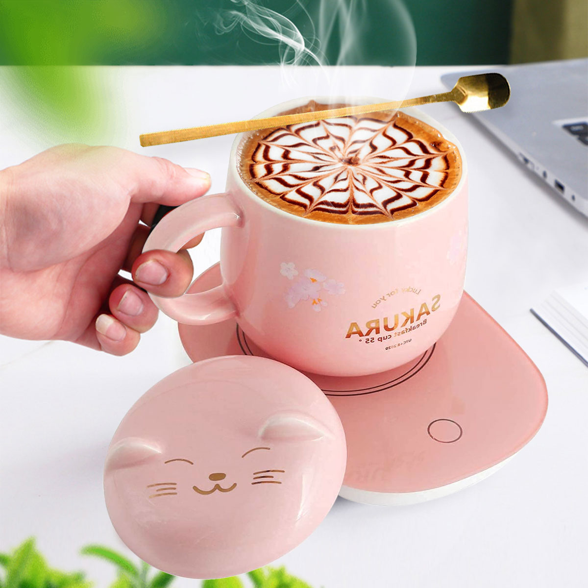 Pink Coffee Mug Warmer， Smart Coffee Cup Warmer for Desk Auto Shut Off with Gravity Temperature Control Function and Cat and Cherry Flower Pattern， Ideas Christmas Gifts