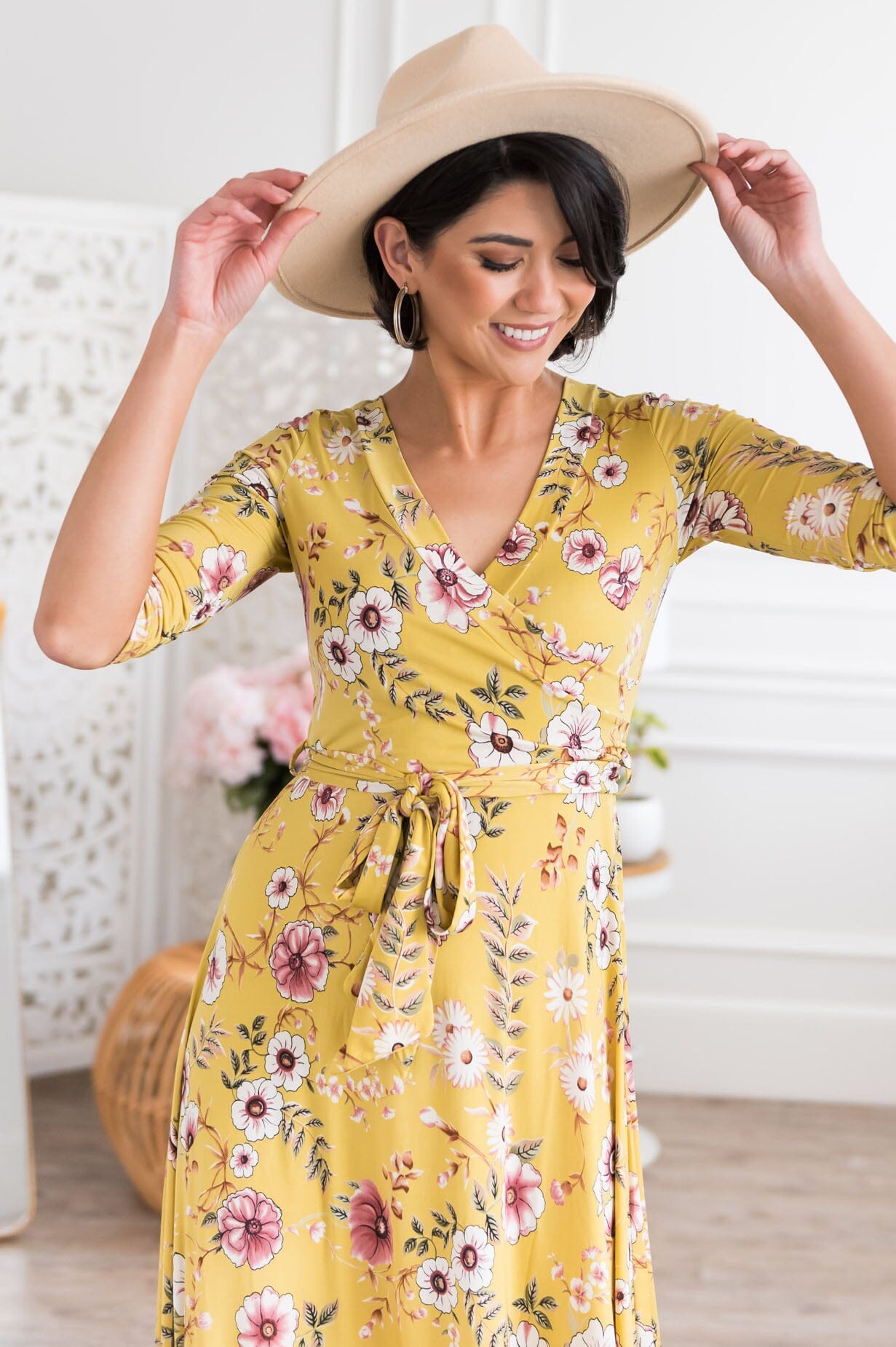 Crystal honey mustard floral plain dress