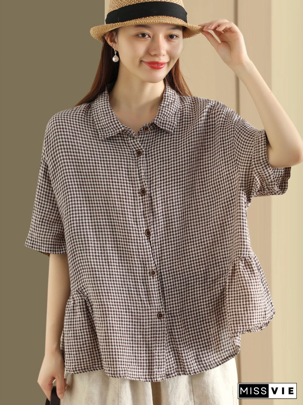 Plus Size Women Summer Casual Plaid Button Cardigan Linen Shirt