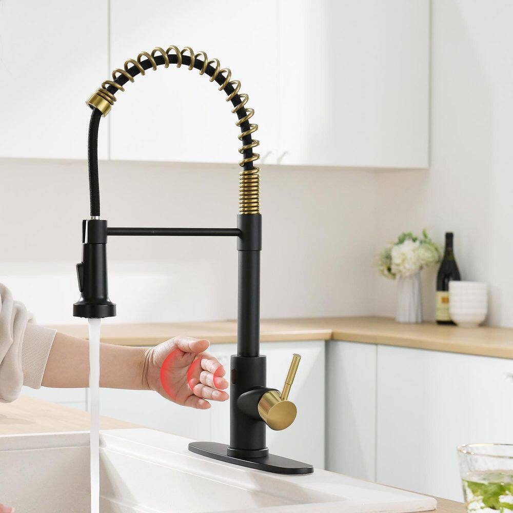 Boyel Living Single Handle Touchless Pull Down Sprayer Kitchen Faucet with Deckplate Included in Black  Brushed Gold BL-IS1306-33BG