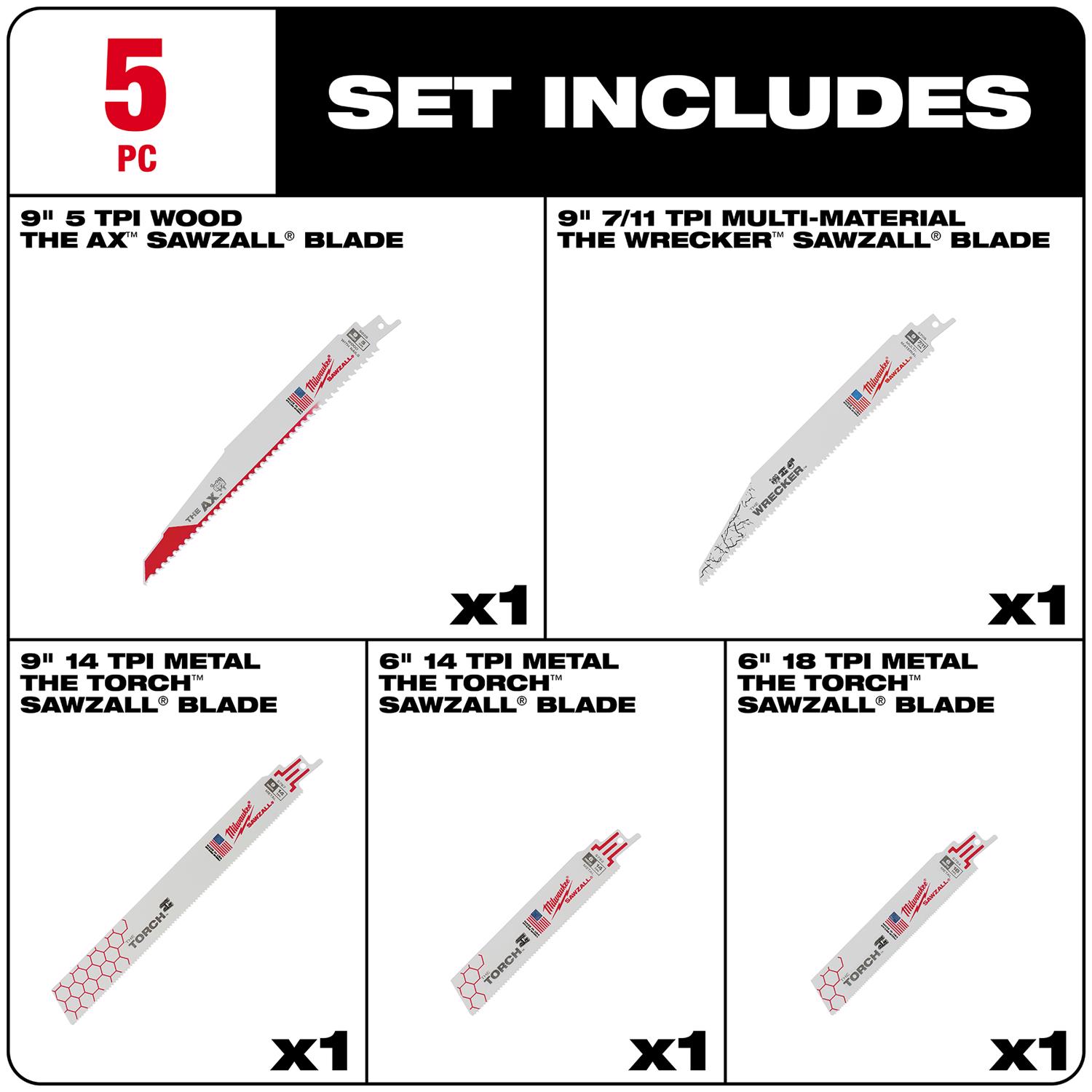 MW Sawzall 6 and 9 in. Bi-Metal Demolition Blade Set Multi TPI 5 pc