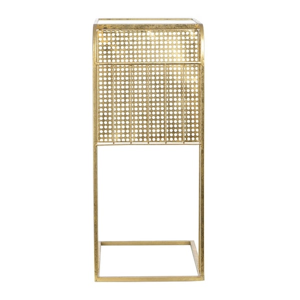 Metal Side Table with Magazine Rack and Glass Top， Gold