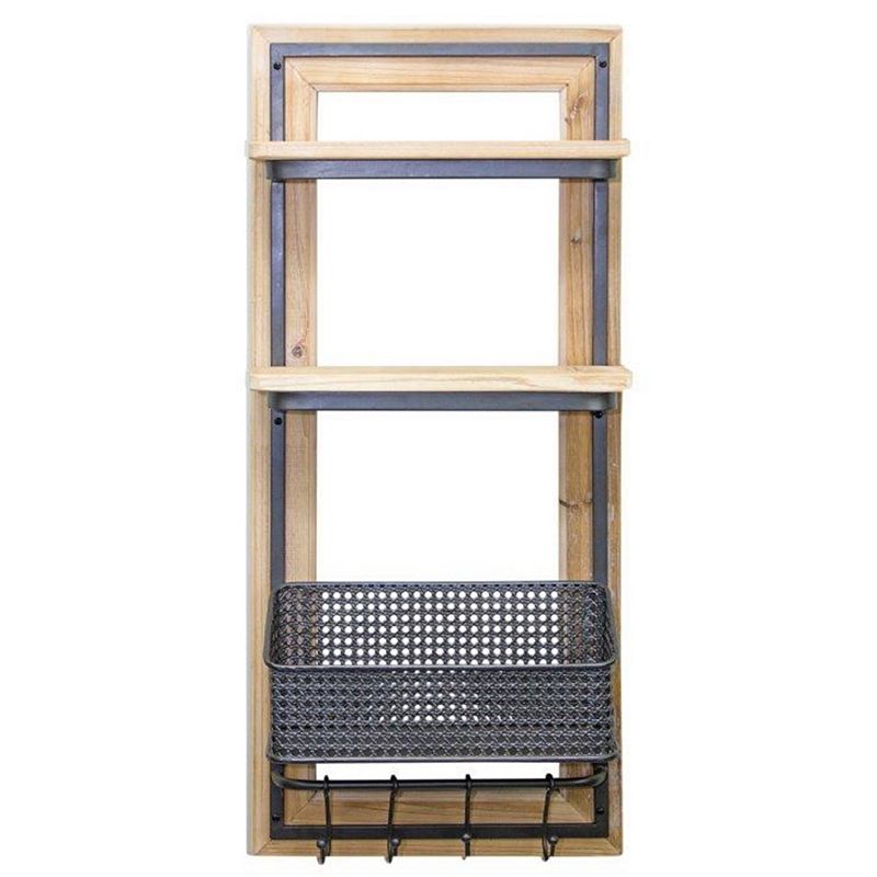 Wooden Wall Shelf With Metal Basket Organizer And Hooks 35.75h