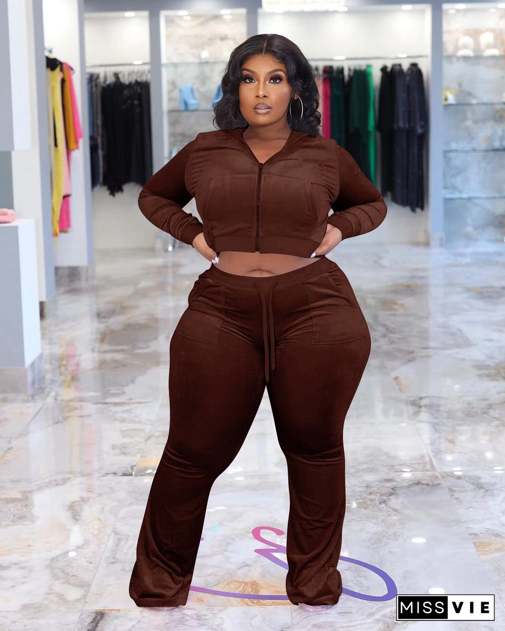 Plus Size Velvet Hooded Jacket Wide Leg Pants Suit