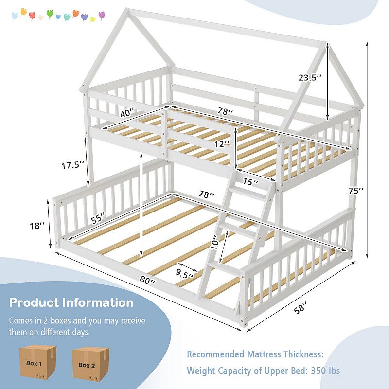 Twin Over Full House Bunk Bed with Ladder and Guardrails-White