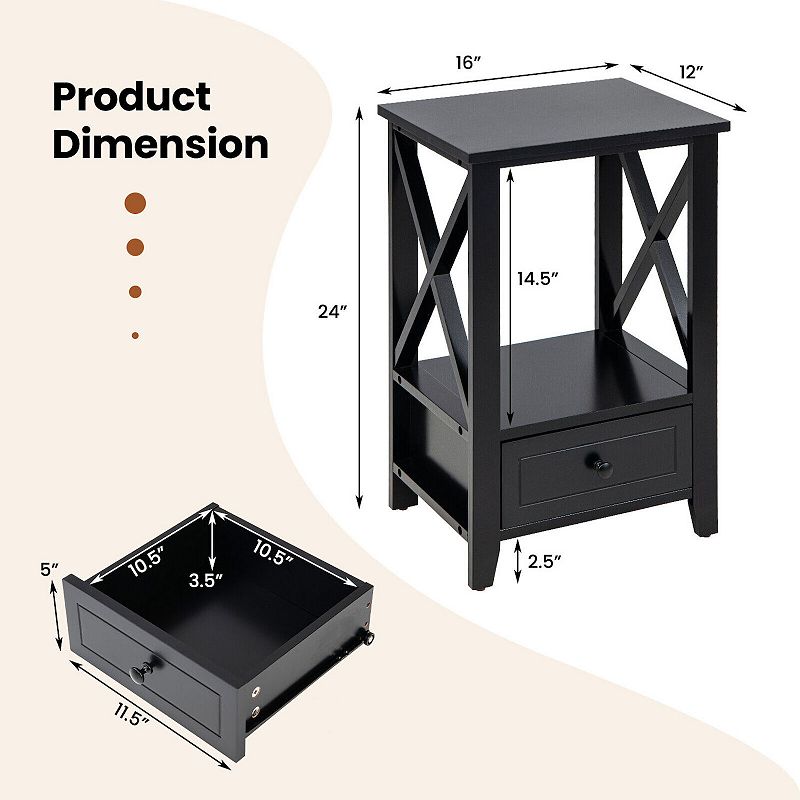 2-Tier 16 x 14 Inches Multifunctional Nightstand with Storage Drawer