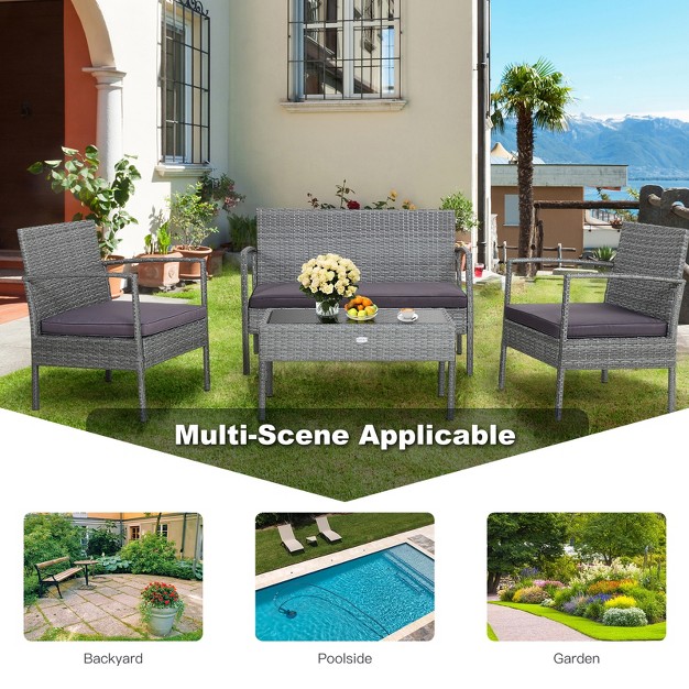 Tangkula Patio Rattan 4pcs 8pcs Cushioned Chair Side Table Classic Furniture Set Bistro Set Single Sofa Thick Cushion Loveseat For Garden Grey