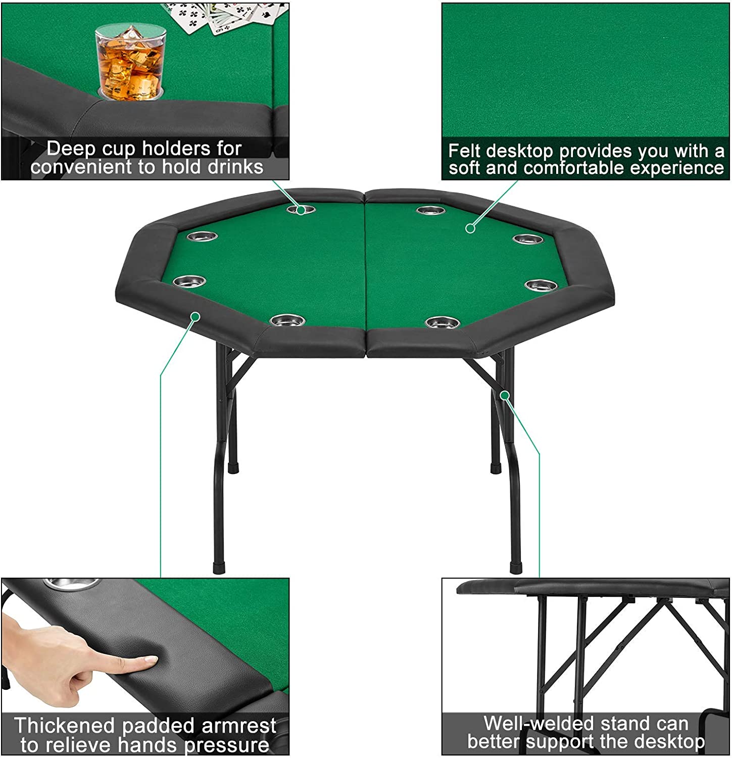 AVAWING Game Poker Table w/Stainless Steel Cup Holder Casino Leisure Table, Top Texas Hold'em Poker Table for 8 Player w/Leg, Green Felt