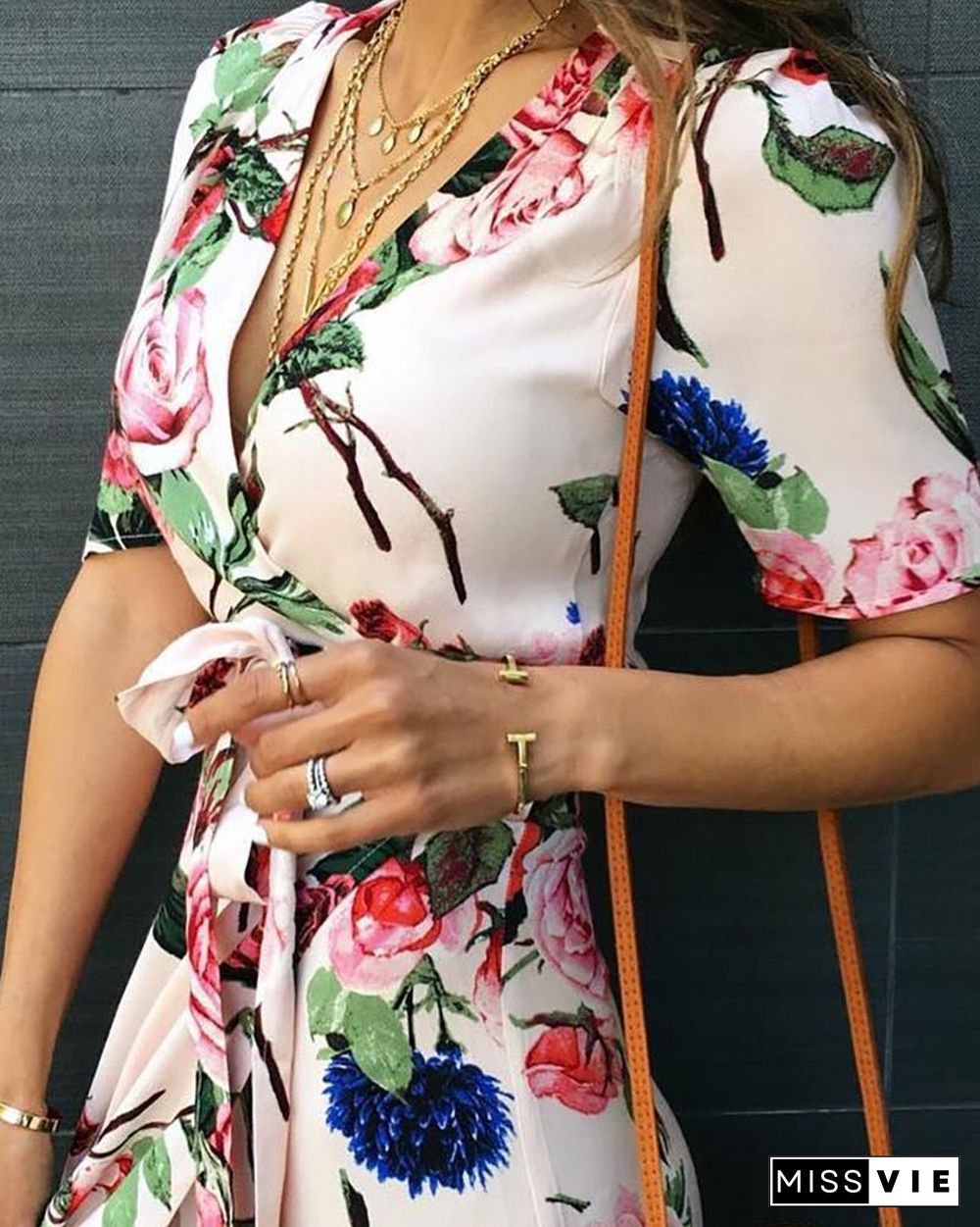 Floral Print V-Neck Wrap Casual Dress P11957