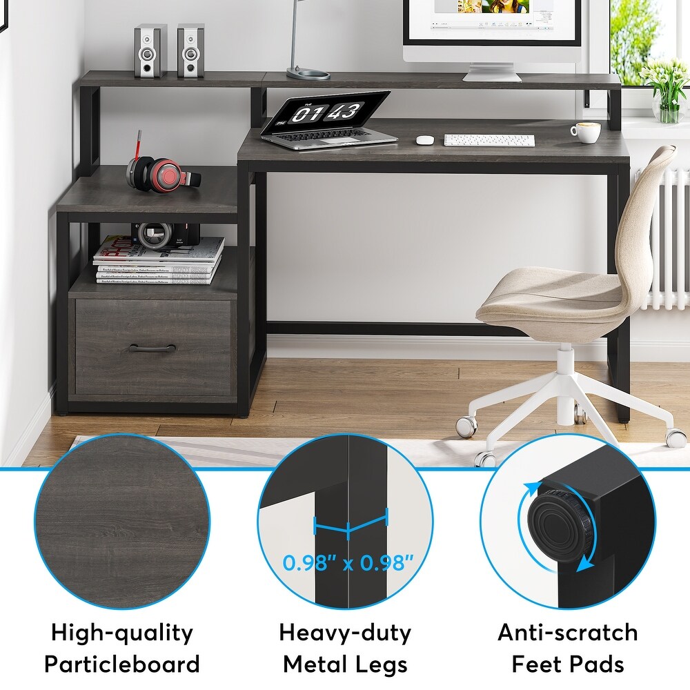 59'' Computer Desk with Drawer  Storage Shelves and Monitor Stand