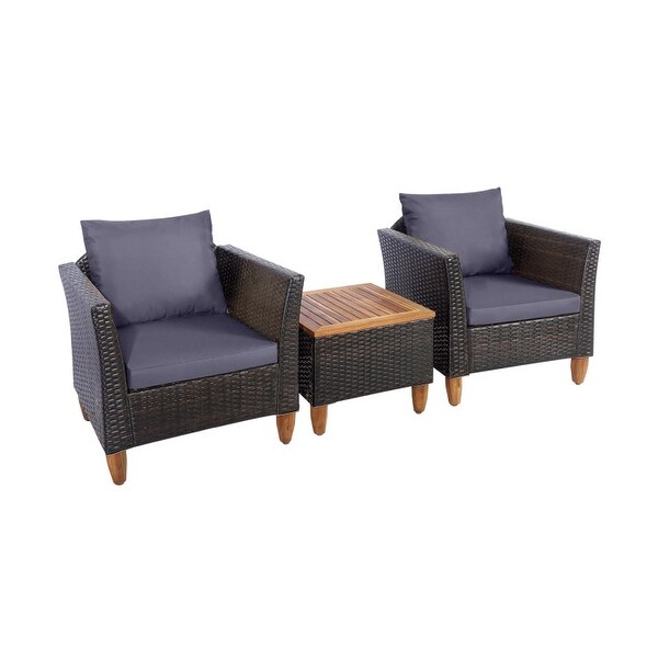 3 Pieces Patio Rattan Bistro Furniture Set with Wooden Table Top