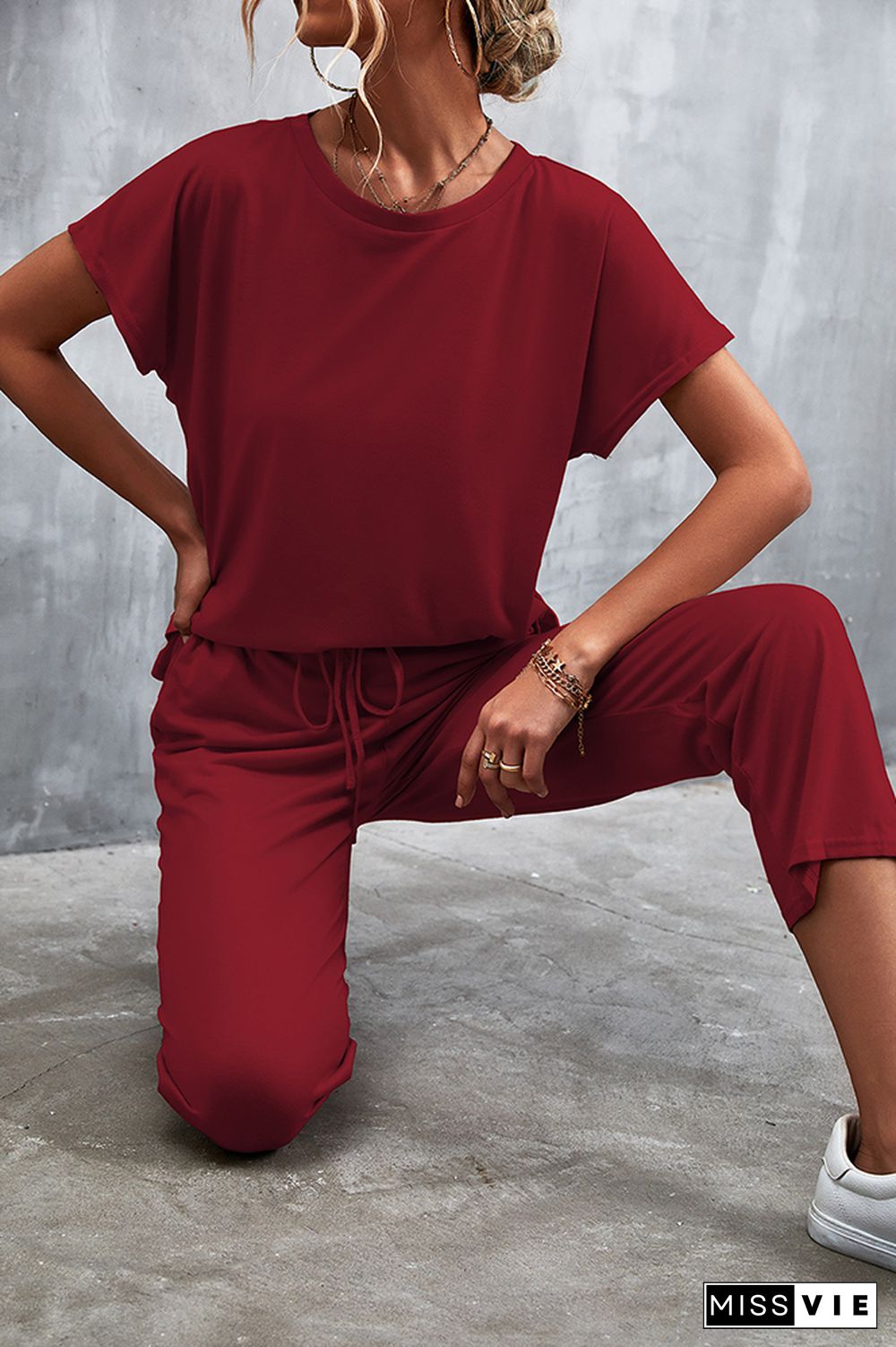 Plain Drawstring Top and Pants Two Pieces Set Wholesale