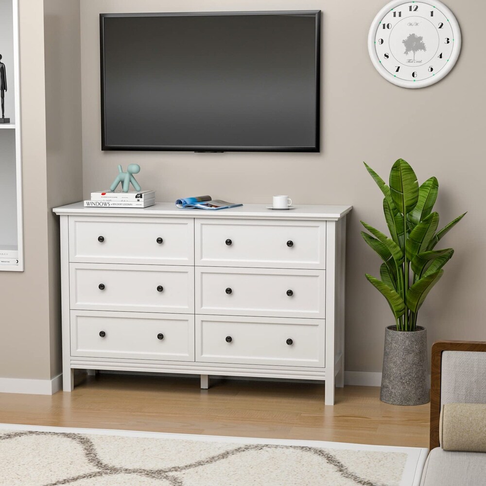 White Dresser  6 Drawer Double Dresser for Bedroom with Metal Knobs   Wide Storage  Chest of Drawers