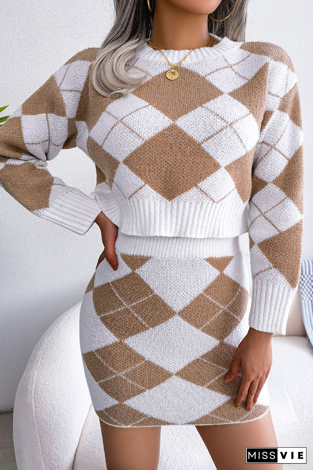 Geometric Diamond Knit Sweater Top and Skirt 2pcs Set