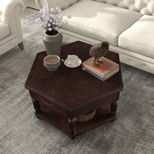 Roomfitters 2 Tier Retro Hexagon Living Room Solid Wood Coffee Table with Shelf and Drawer