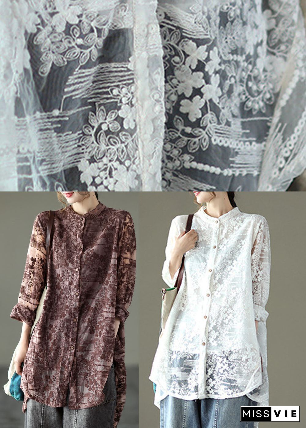 Loose White Hollow Out Lace UPF 50+ Shirts Long Sleeve