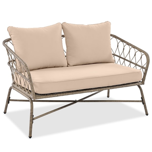 4Piece Wicker Patio Conversation Set with Beige Cushions，With Wood Tabletop