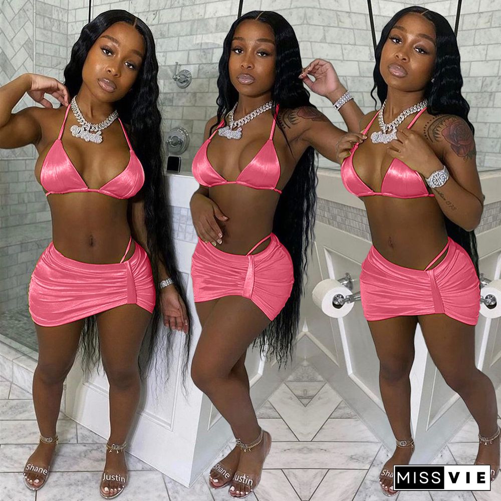 Sexy 2 Piece Set Women Bra Crop TopAnd Mini Skirt Mesh Sheer Ruched Party Bodycon Club Outfits Summer Beach Women Set Underwear