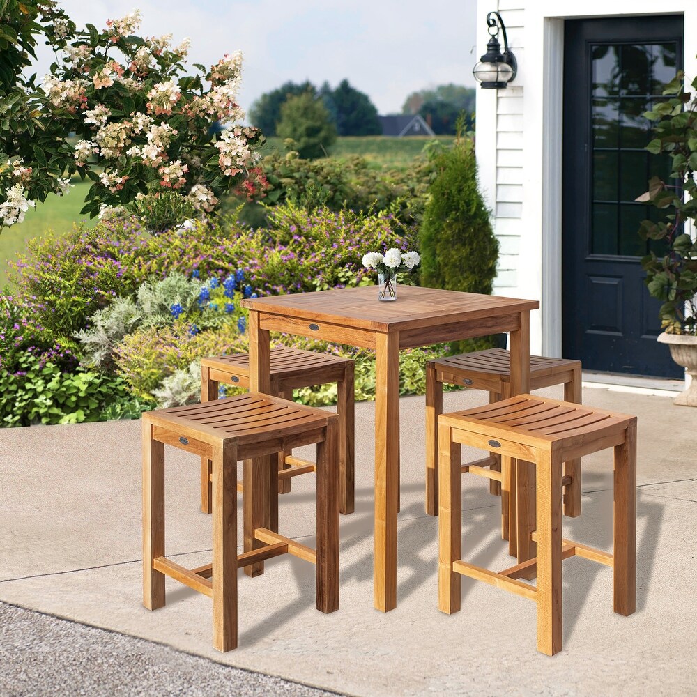 Chic Teak 5 Piece Teak Wood Seville Small Counter Height Patio Bistro Dining Set  4 Counters Stools and 27\