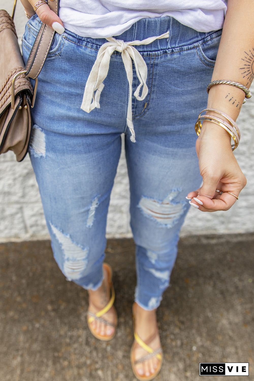 Sky Blue Drawstring Elastic Waist Hole Ripped Jeans