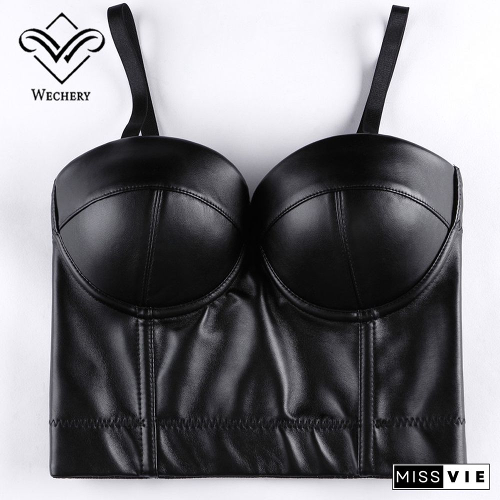 Wechery Crop Top Women Gothic Leather Camis Slim Fit Tops Sleeveless Straps Tank Top For Laides Black Red Women Clothes