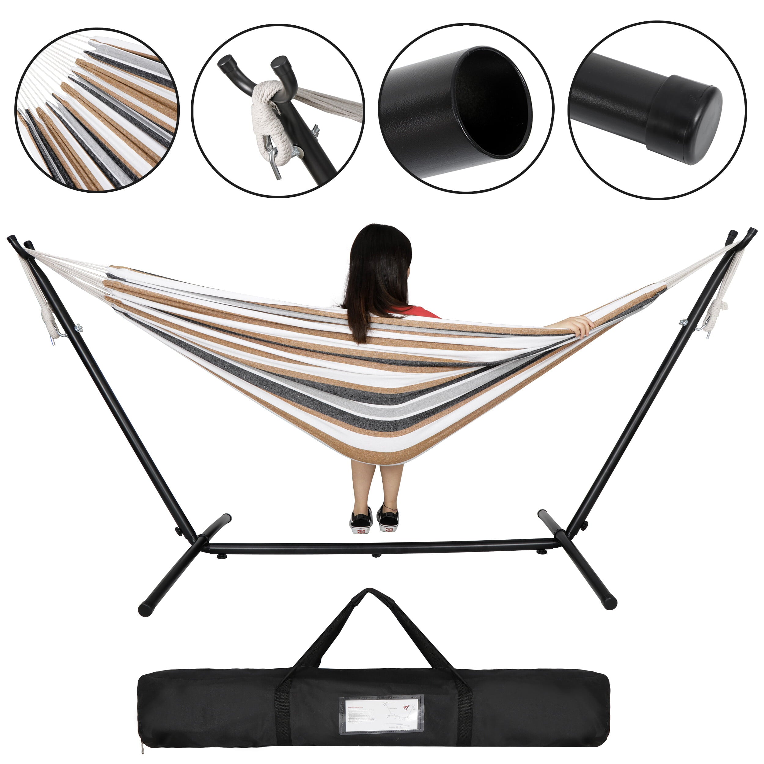 SuperDeal Double Size Striped Hammock Camping Swing Oxford Cloth + Steel Stand 112in x 42in 440lbs Brown-Gray