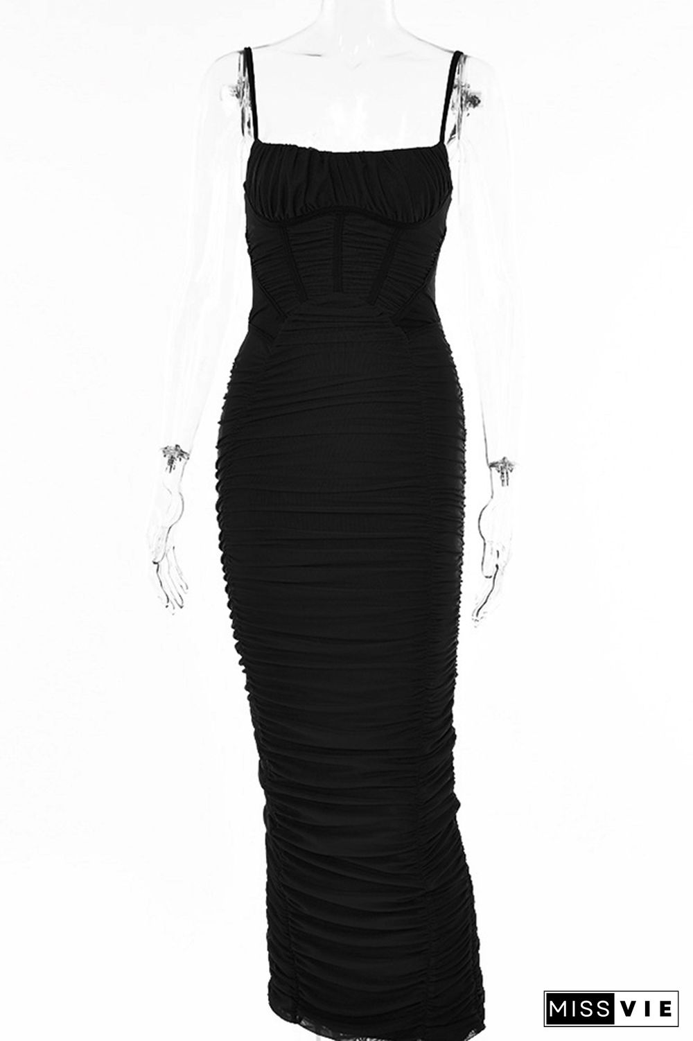 Backless Bodycon Slim Ruched Spaghetti Dress