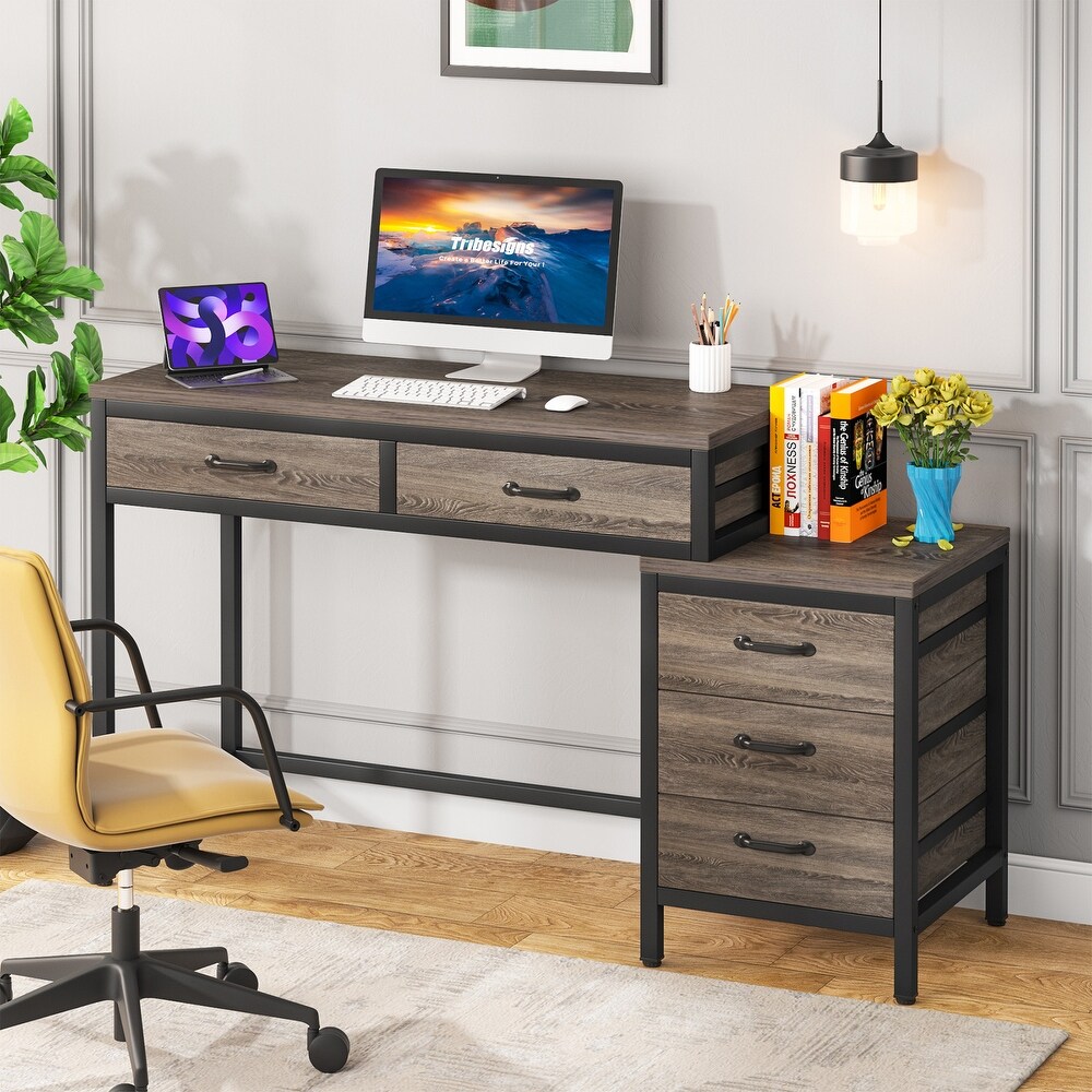 Reversible Computer Desk with 5 Drawers  Home Office Desk with File Cabinet Drawer Printer Stand