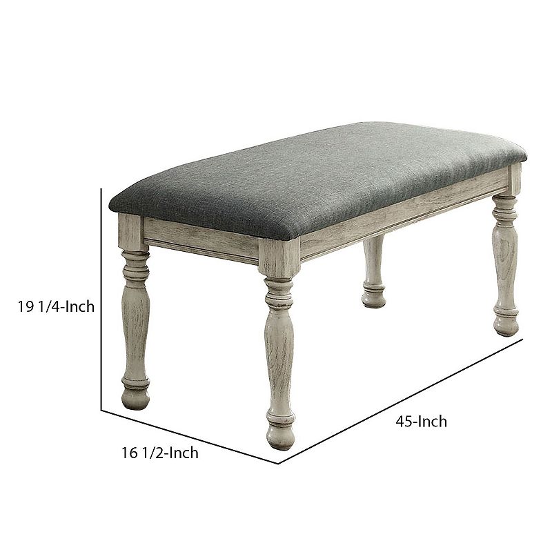 Transitional Fabric Upholstered Wooden Bench， Gray and White