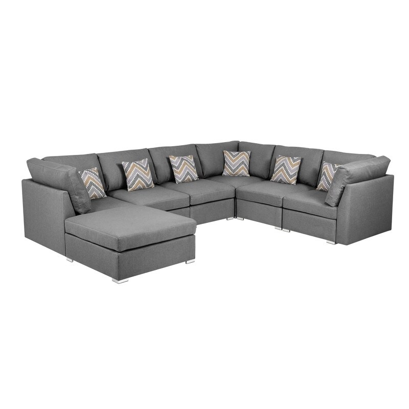 7Pc Modular Sectional Sofa  Reversible Fabric Sofa Chaise with 6 Accent Pillows and Removable Seat and Back Cushions