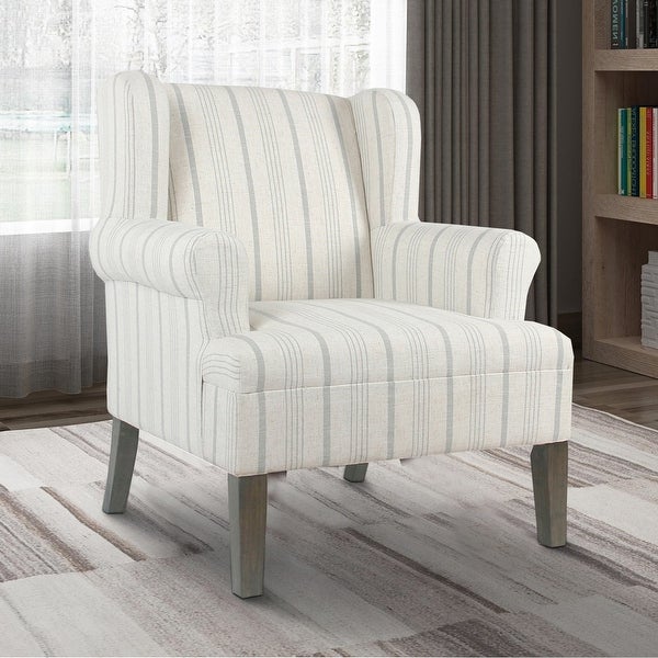 Stripped Pattern Fabric Upholstered Wooden Accent Chair with Wing Back， Multicolor