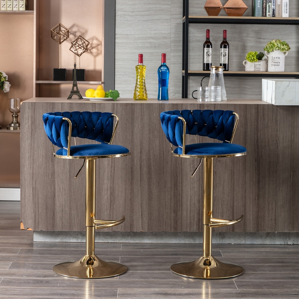 Modern Retro Height Adjustable Counter Chair Swivel Bar Stools Set of 2 with Velvet Woven Backrest Handrail and Footrest