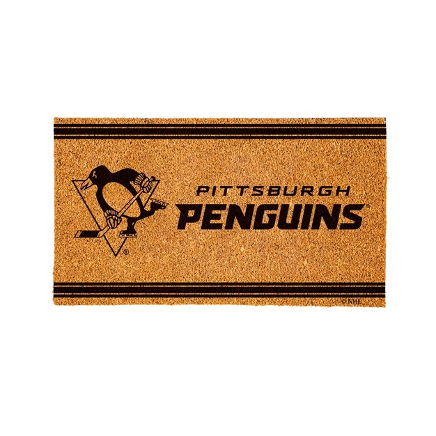 Evergreen Pittsburgh Penguins Logo Turf Mat Brown 28 X 16 Inches Indoor Outdoor Doormat