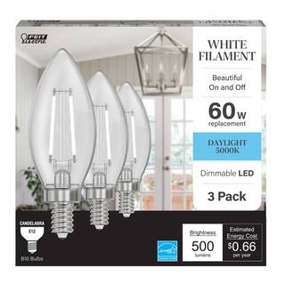 Feit Electric 60-Watt Equivalent B10 E12 Candelabra Dim White Filament Clear Glass Chandelier LED Light Bulb Daylight 5000K (3-Pack) CTC60950CAWFILHDRP3