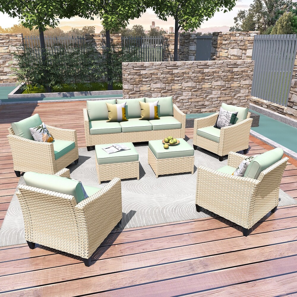 HOOOWOOO Outdoor Patio Furniture 7 piece Rattan Curved Backrest Seating Set